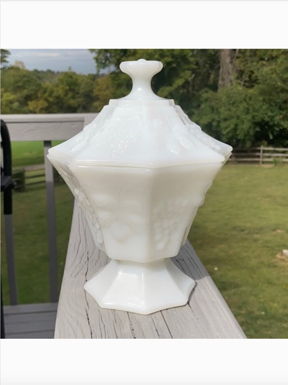 Vintage Anchor Hocking Milk Glass Lidded Harvest Grape Octagon Compote Pedestal